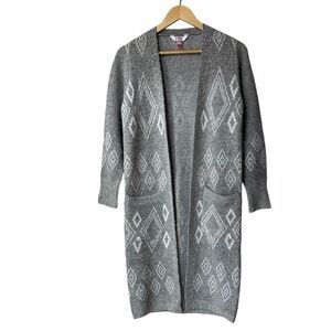 Long Cozy Grandpa Open Front Cardigan, Gray and White, Small